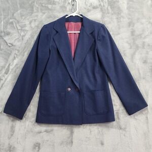 Vintage 80s Crazy Horse Blazer Womens S Blue Wool‎ Blend Double Breasted Office